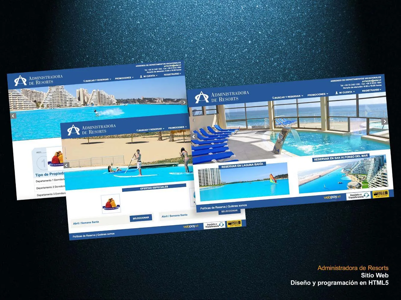 Mockups del sitio web de arriendo vacacional Administradora de Resorts.
