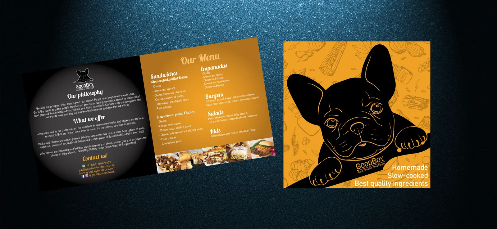 Menú tríptico y gráfica de marca del food truck GoodBoy.