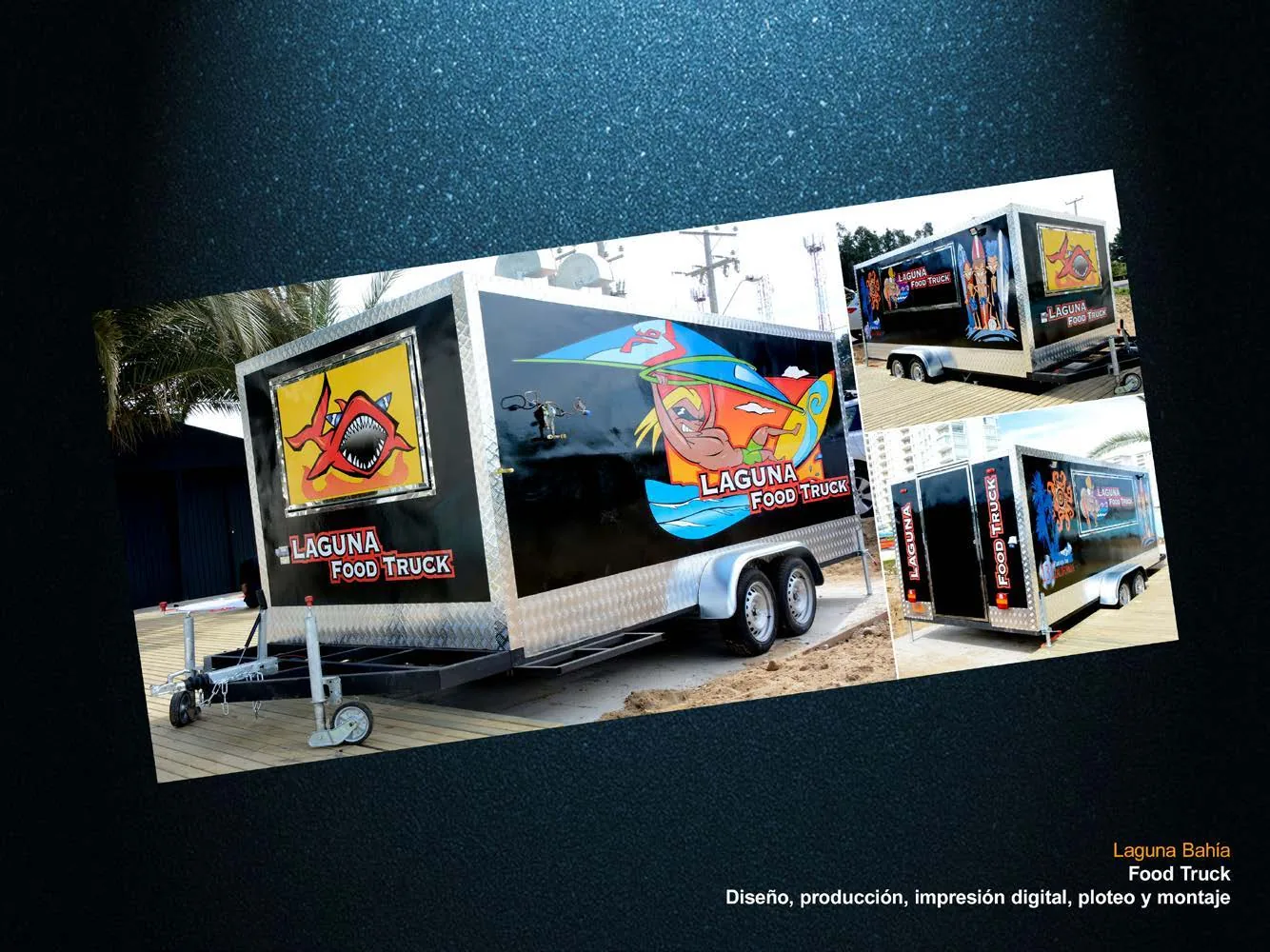 Food truck negro con ilustraciones de surf, diseñado para Laguna Bahía.