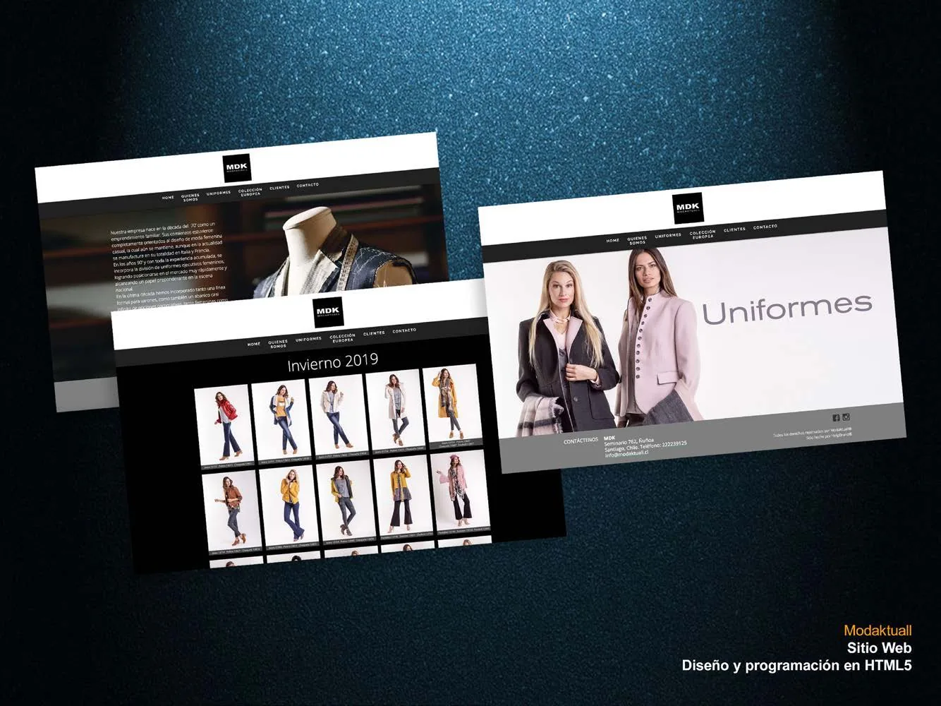 Mockups del sitio web de moda Modaktuall, con secciones de uniformes y catálogo.