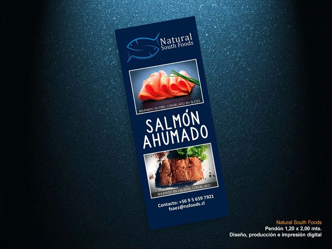Pendón vertical de salmón ahumado de la marca Natural South Foods.